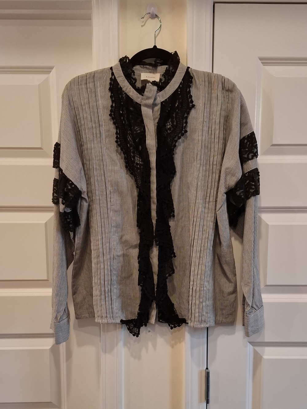 Leonie Black White Pinstripe Lace Ruffle Victorian Inspired Blouse Size 2